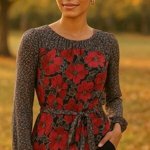 Anthropologie Edme & Esyllte 100% Silk floral printed long sleeve blouse size XS